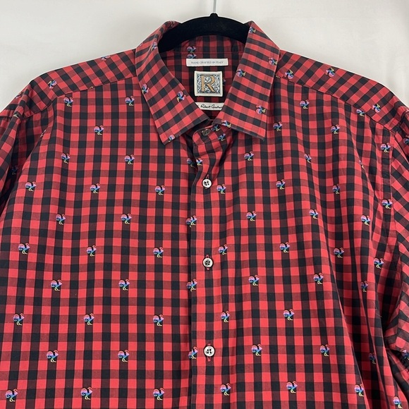 Robert Graham Red and Black Check Shirt w/ Embroidered Rainbow Roosters - Picture 7 of 10